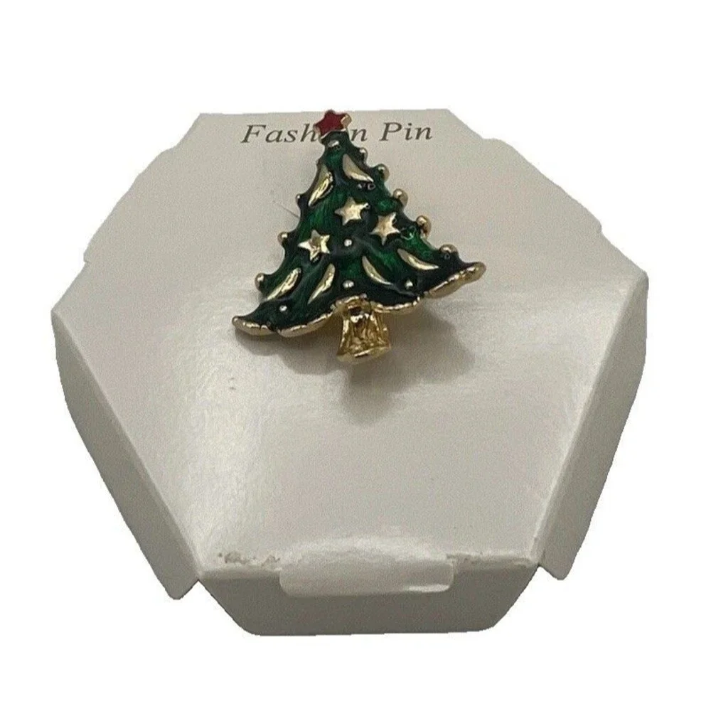 Christmas Tree Enamel Fashion Pin Brooch Gold Tone Red Star in Gift Box
